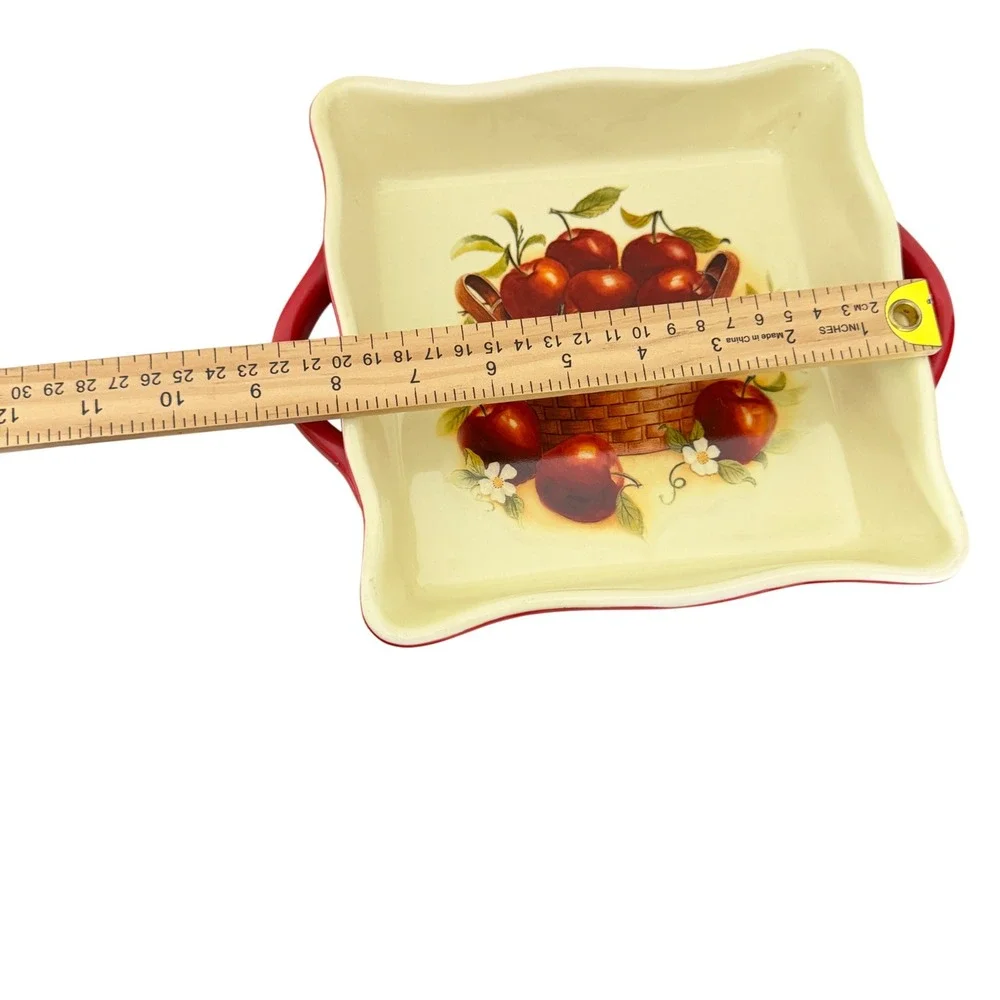 Huabo Square Baking Dish Red Apple Basket Scalloped Ceramic Baker